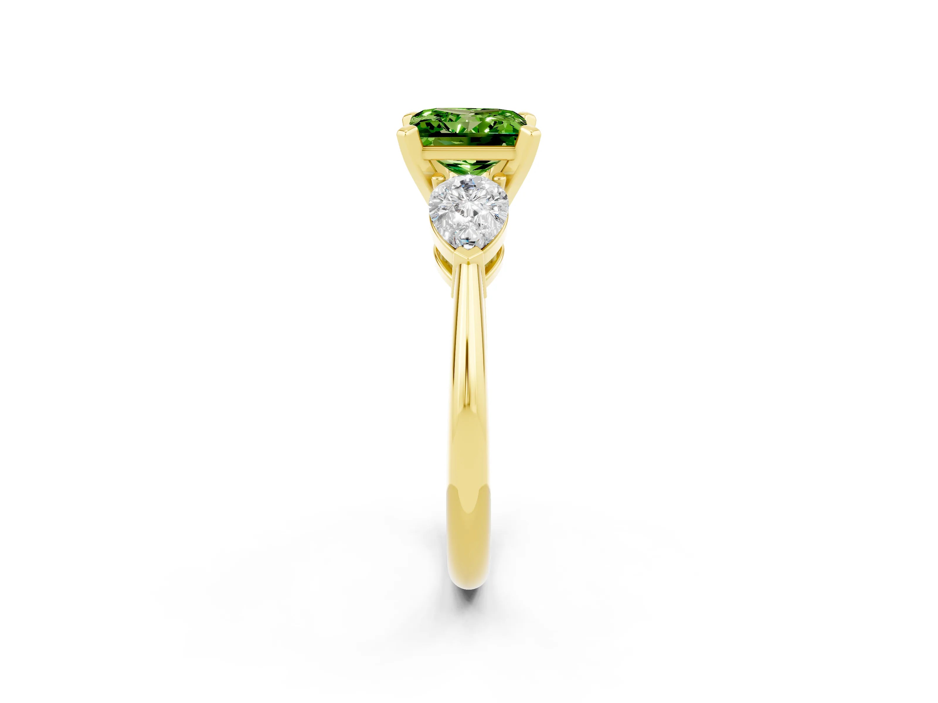 Yellow gold Three-Stone Princess Cut Peridot Ring with Pear Side Stones and Four-Prong Setting_2
