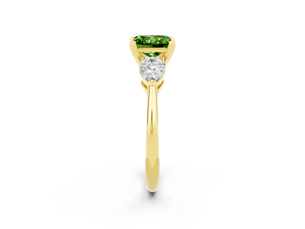 Yellow gold Three-Stone Princess Cut Peridot Ring with Pear Side Stones and Four-Prong Setting