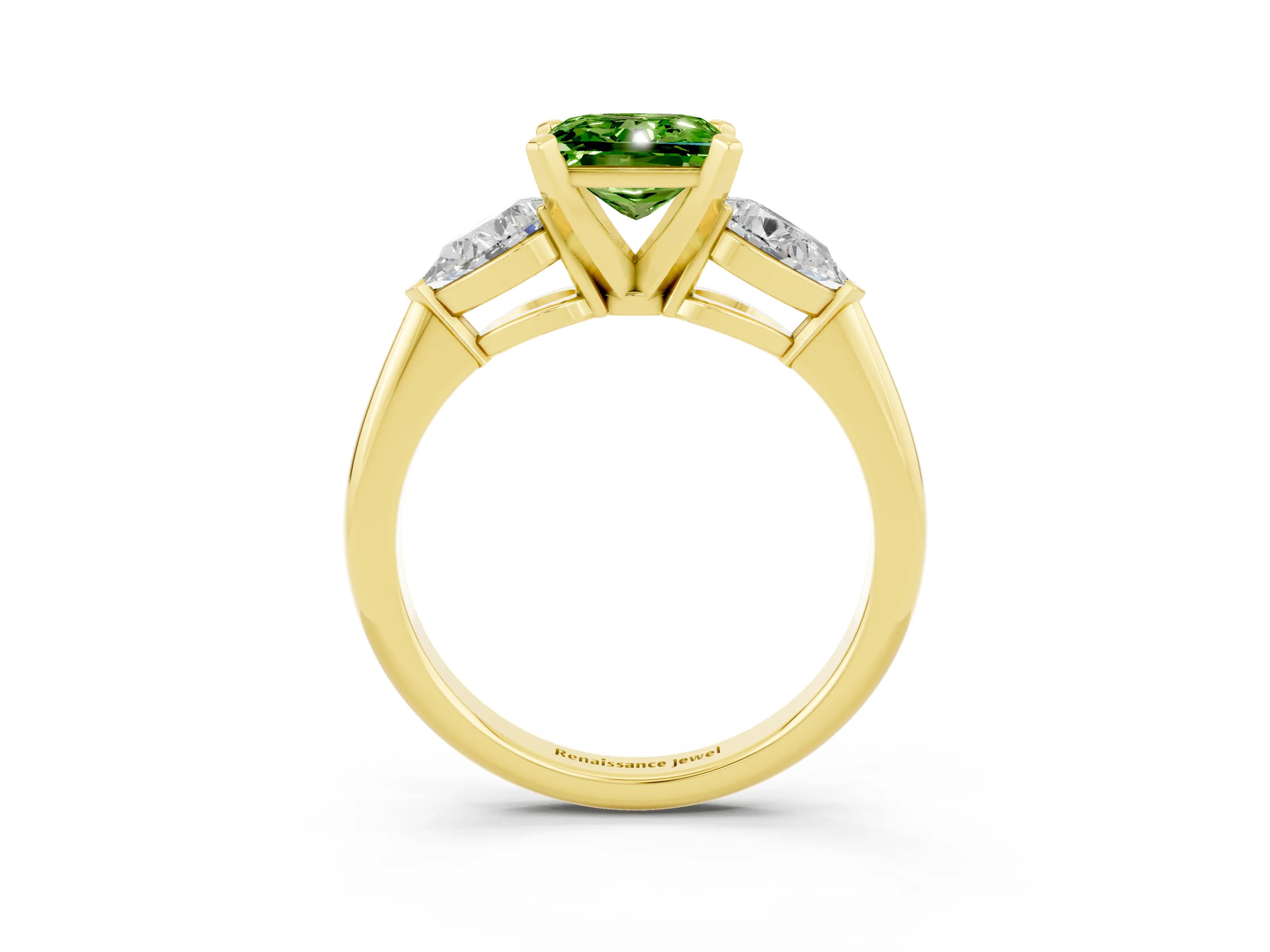 Yellow gold Three-Stone Princess Cut Peridot Ring with Pear Side Stones and Four-Prong Setting_3