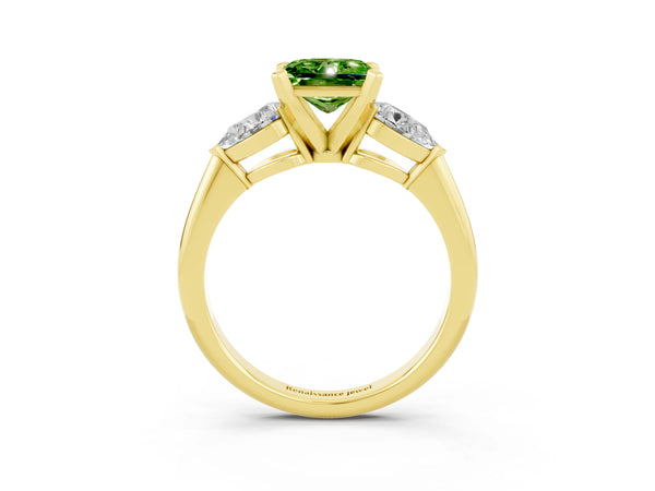 Yellow gold Three-Stone Princess Cut Peridot Ring with Pear Side Stones and Four-Prong Setting