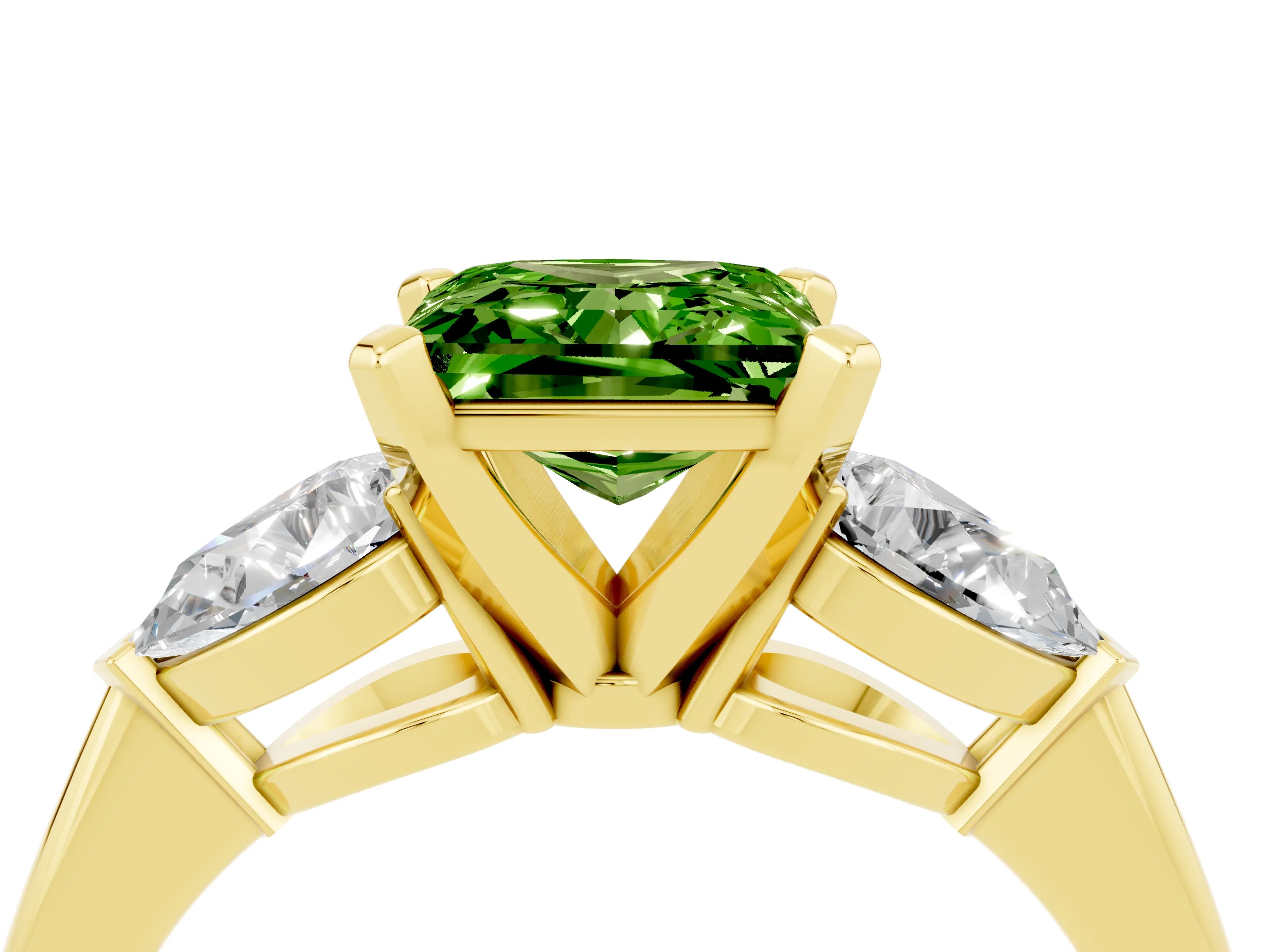 Yellow gold Three-Stone Princess Cut Peridot Ring with Pear Side Stones and Four-Prong Setting_4