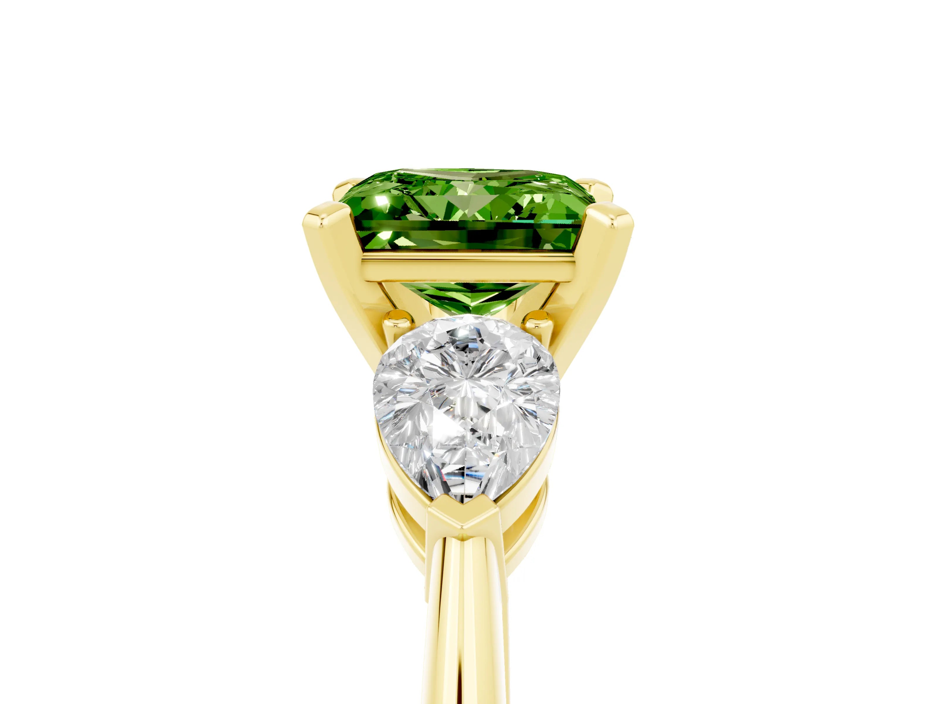Yellow gold Three-Stone Princess Cut Peridot Ring with Pear Side Stones and Four-Prong Setting_5