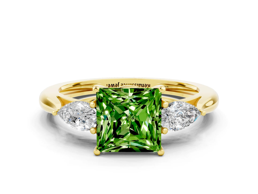 Yellow gold Three-Stone Princess Cut Peridot Ring with Pear  Side Stones in Four-Prong Setting_12