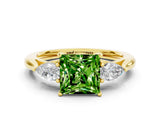 Yellow gold Three-Stone Princess Cut Peridot Ring with Pear  Side Stones in Four-Prong Setting_12