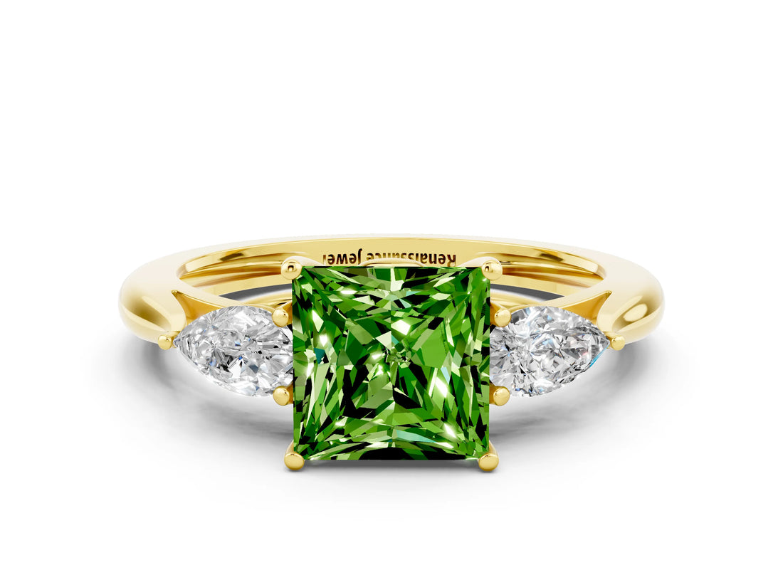 Yellow gold Three-Stone Princess Cut Peridot Ring with Pear  Side Stones in Four-Prong Setting_36