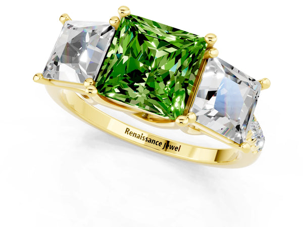 Yellow gold Three-Stone Princess Cut Peridot Ring with Round  Pavé Band and Prong Setting