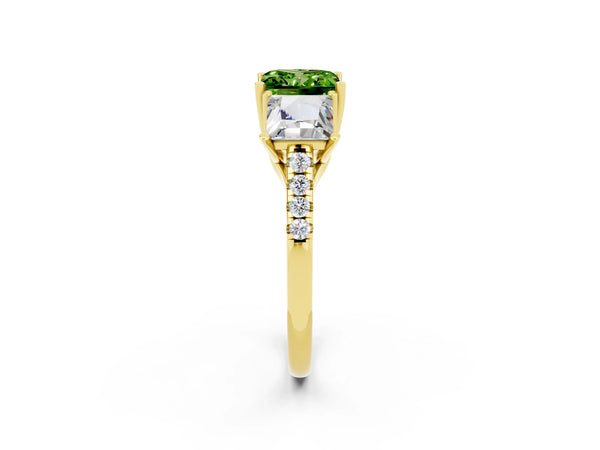Yellow gold Three-Stone Princess Cut Peridot Ring with Round  Pavé Band and Prong Setting
