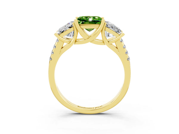 Yellow gold Three-Stone Princess Cut Peridot Ring with Round  Pavé Band and Prong Setting
