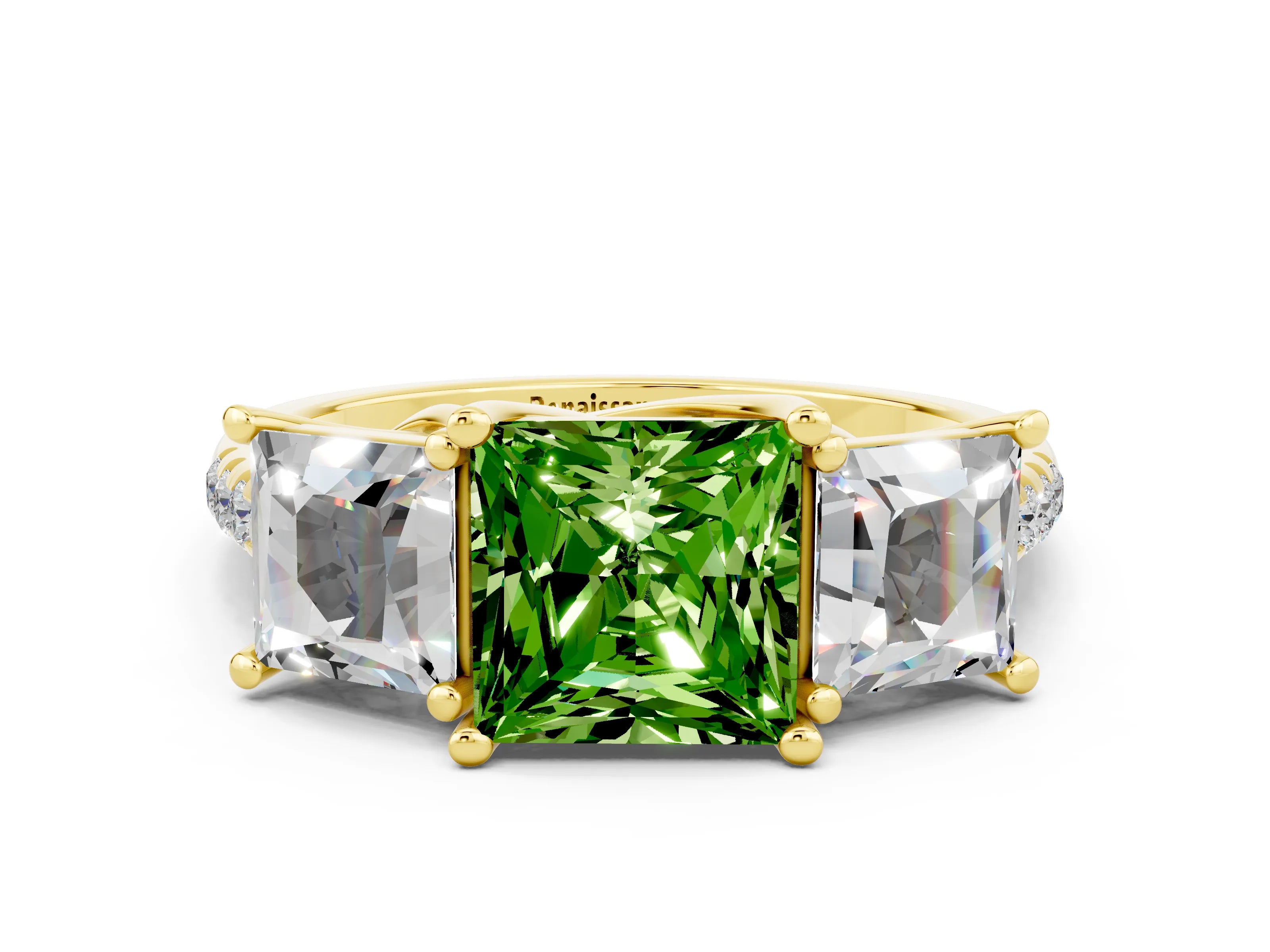 Yellow gold Three-Stone Princess Cut Peridot Ring with Round  Pavé Band and Prong Setting_24
