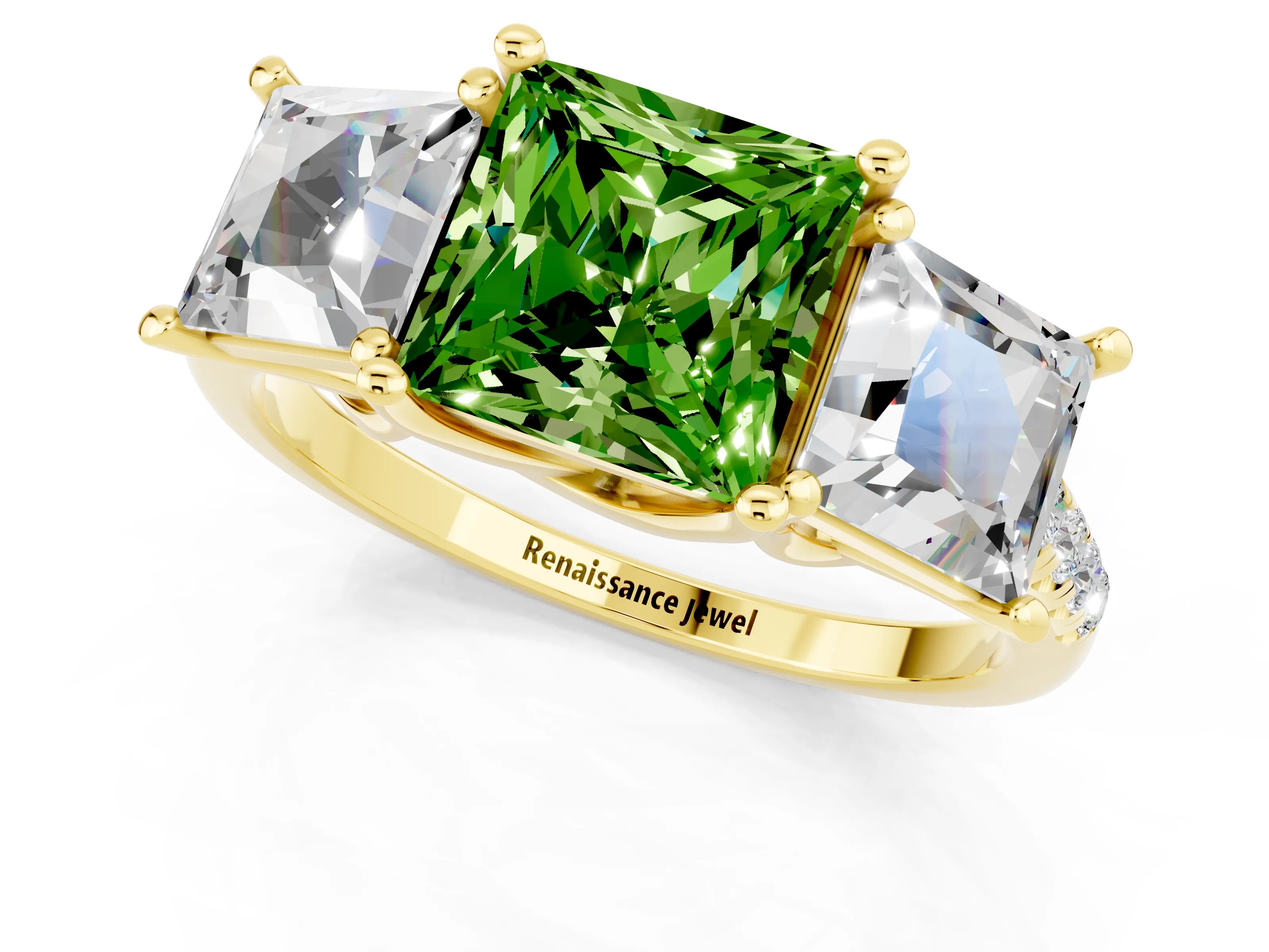 Yellow gold Three-Stone Princess Cut Peridot Ring with Round  Pavé Band and Prong Setting_25