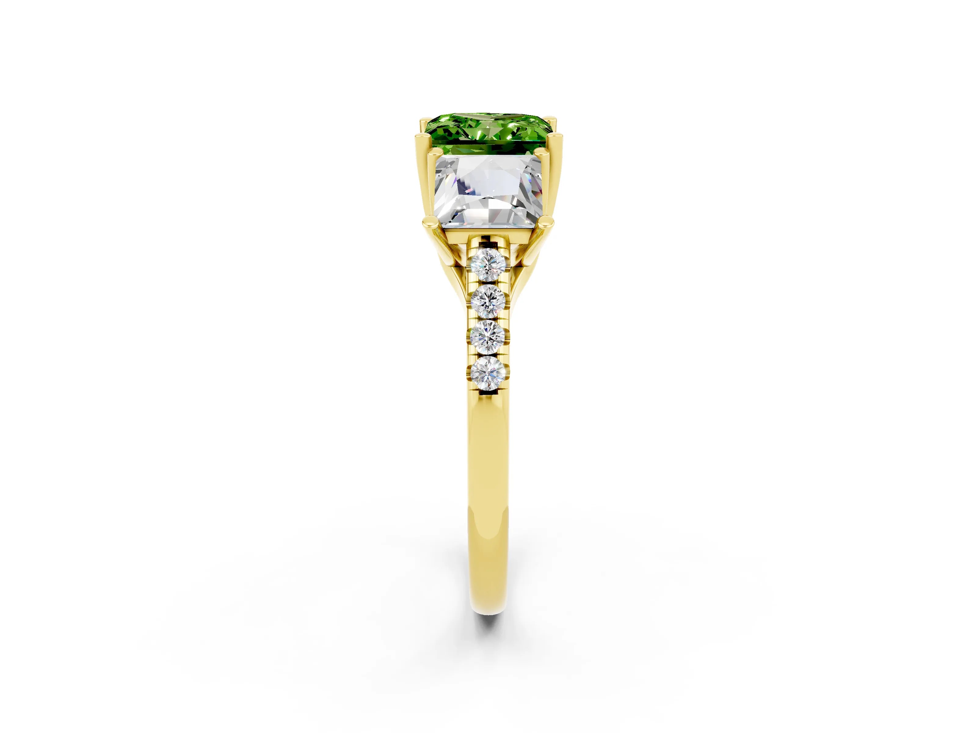 Yellow gold Three-Stone Princess Cut Peridot Ring with Round  Pavé Band and Prong Setting_26