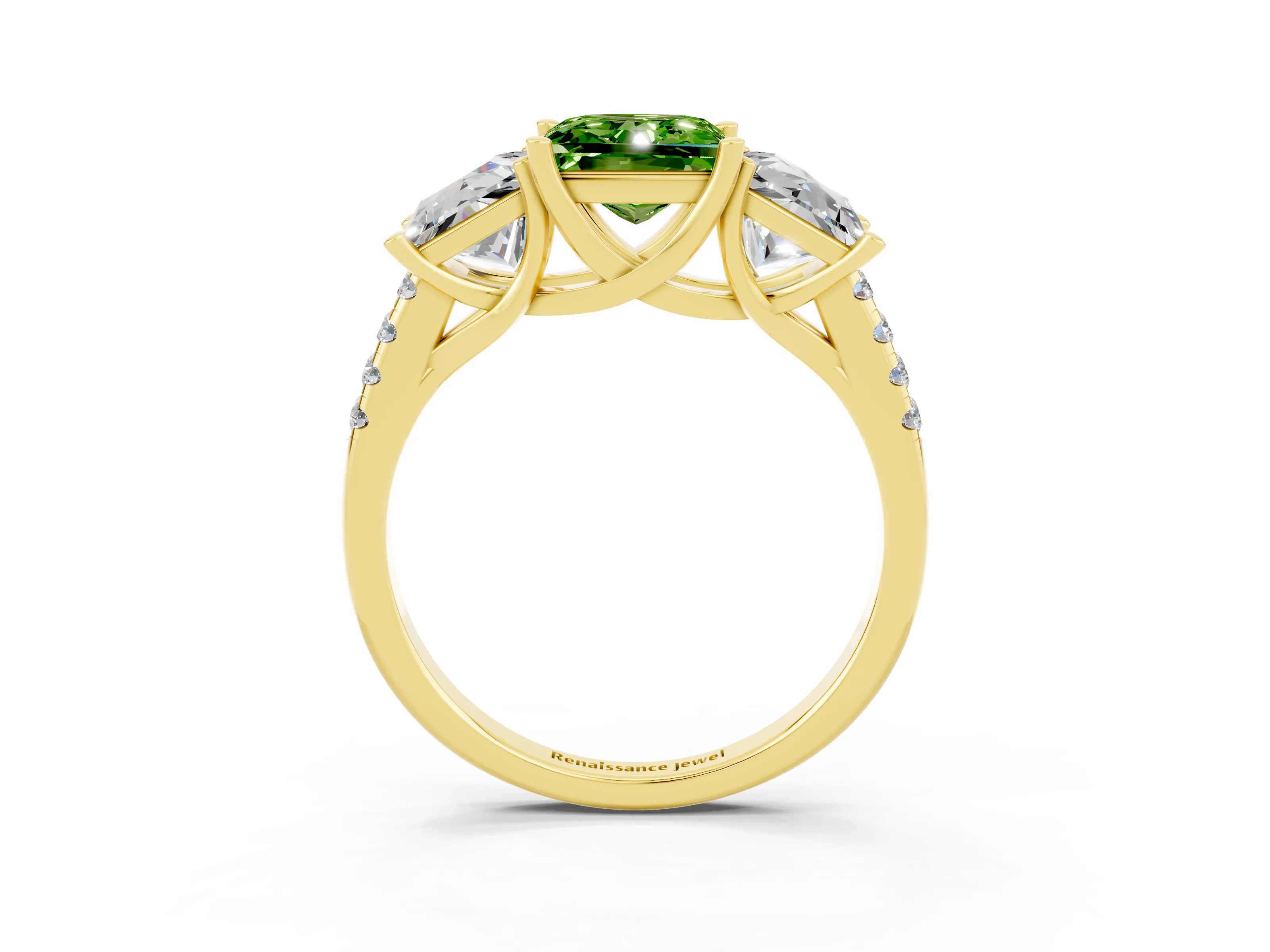 Yellow gold Three-Stone Princess Cut Peridot Ring with Round  Pavé Band and Prong Setting_27