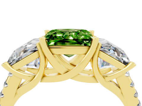 Yellow gold Three-Stone Princess Cut Peridot Ring with Round  Pavé Band and Prong Setting_28