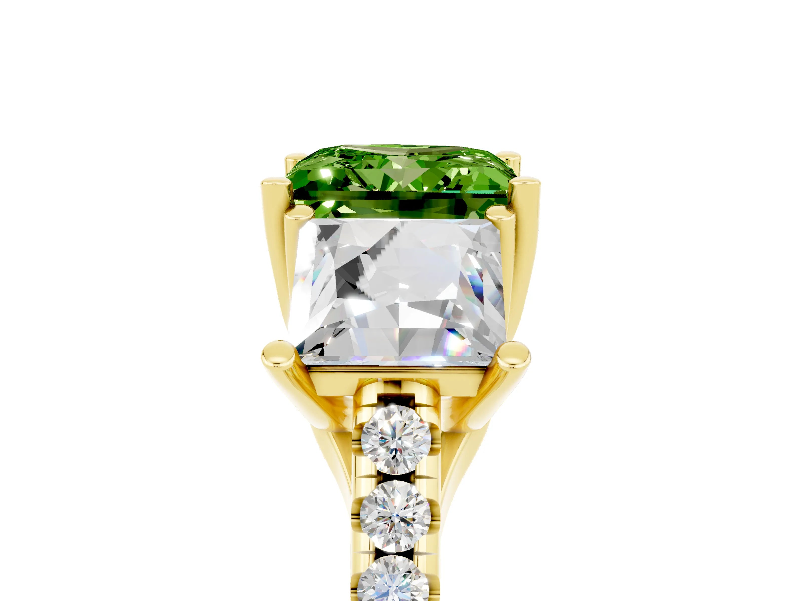 Yellow gold Three-Stone Princess Cut Peridot Ring with Round  Pavé Band and Prong Setting_29