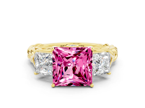 Yellow gold Three-Stone Princess Cut Pink Sapphire Braided Band Ring with Four-Prong Setting
