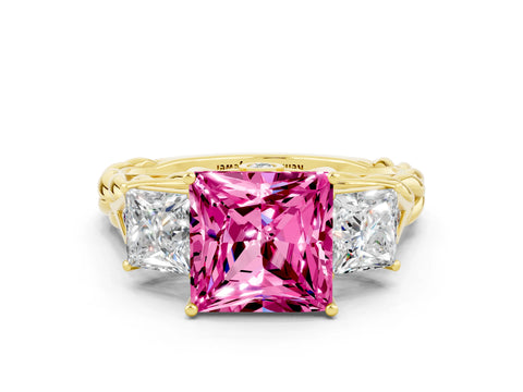 Yellow gold Three-Stone Princess Cut Pink Sapphire Braided Band Ring with Four-Prong Setting_36