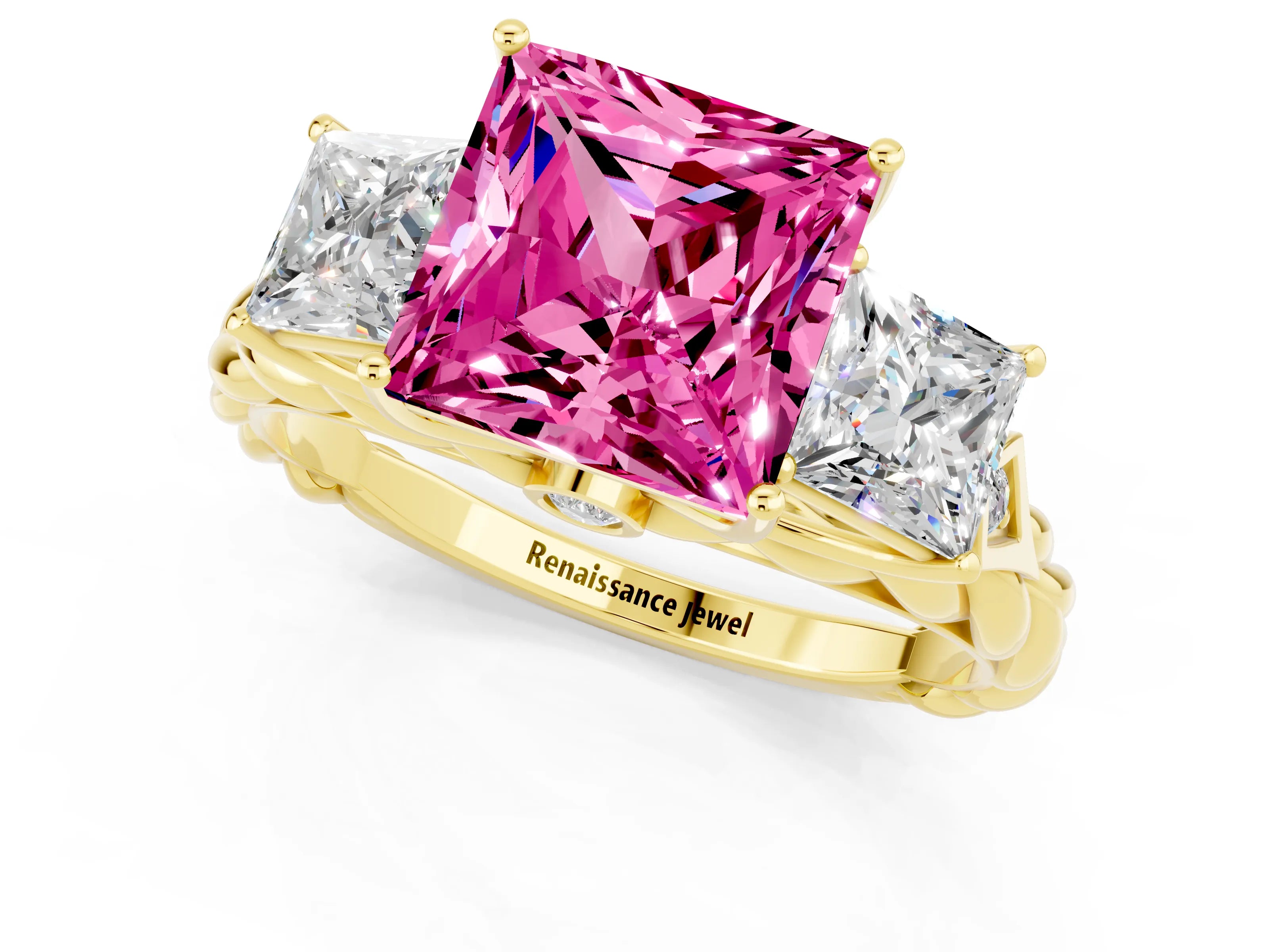 Yellow gold Three-Stone Princess Cut Pink Sapphire Braided Band Ring with Four-Prong Setting_37