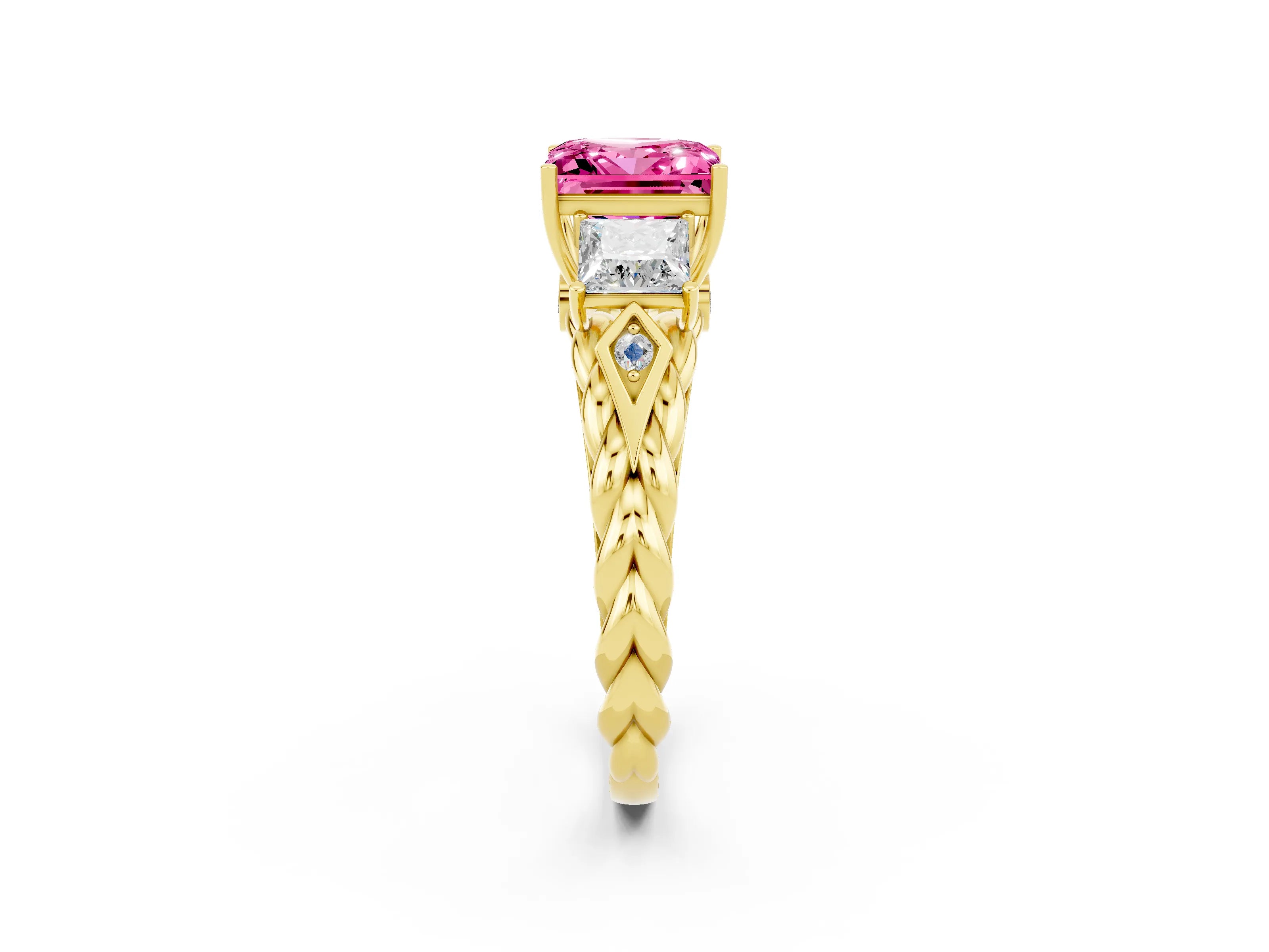 Yellow gold Three-Stone Princess Cut Pink Sapphire Braided Band Ring with Four-Prong Setting_38