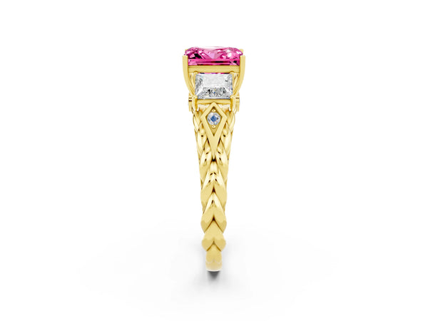 Yellow gold Three-Stone Princess Cut Pink Sapphire Braided Band Ring with Four-Prong Setting