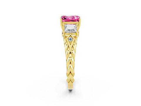 Yellow gold Three-Stone Princess Cut Pink Sapphire Braided Band Ring with Four-Prong Setting_38