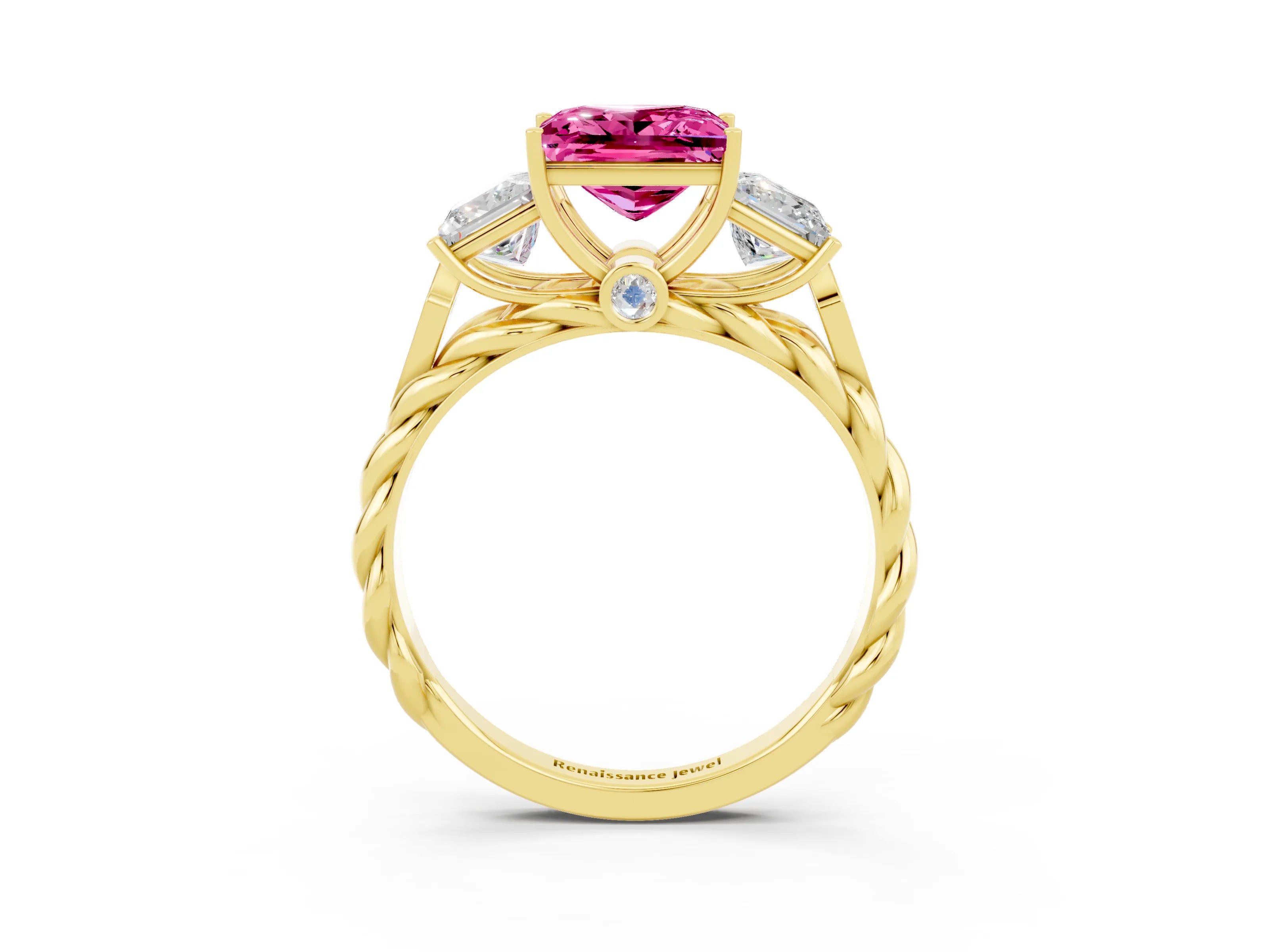 Yellow gold Three-Stone Princess Cut Pink Sapphire Braided Band Ring with Four-Prong Setting_39