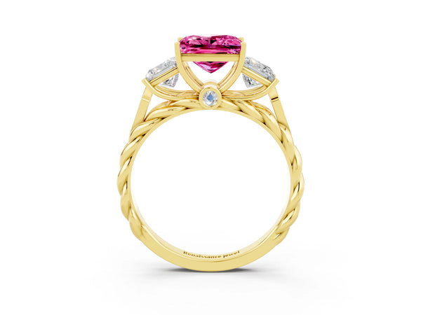 Yellow gold Three-Stone Princess Cut Pink Sapphire Braided Band Ring with Four-Prong Setting