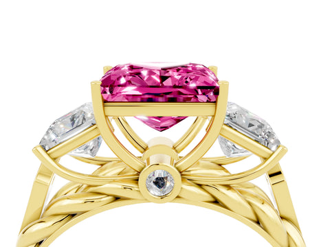 Yellow gold Three-Stone Princess Cut Pink Sapphire Braided Band Ring with Four-Prong Setting_40
