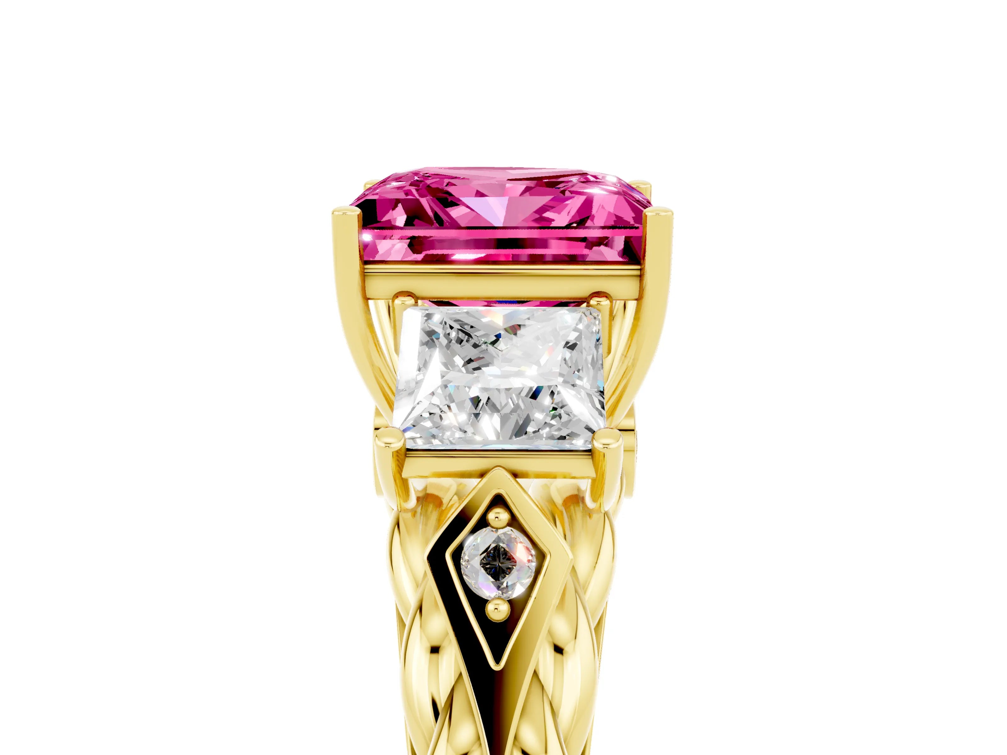 Yellow gold Three-Stone Princess Cut Pink Sapphire Braided Band Ring with Four-Prong Setting_41