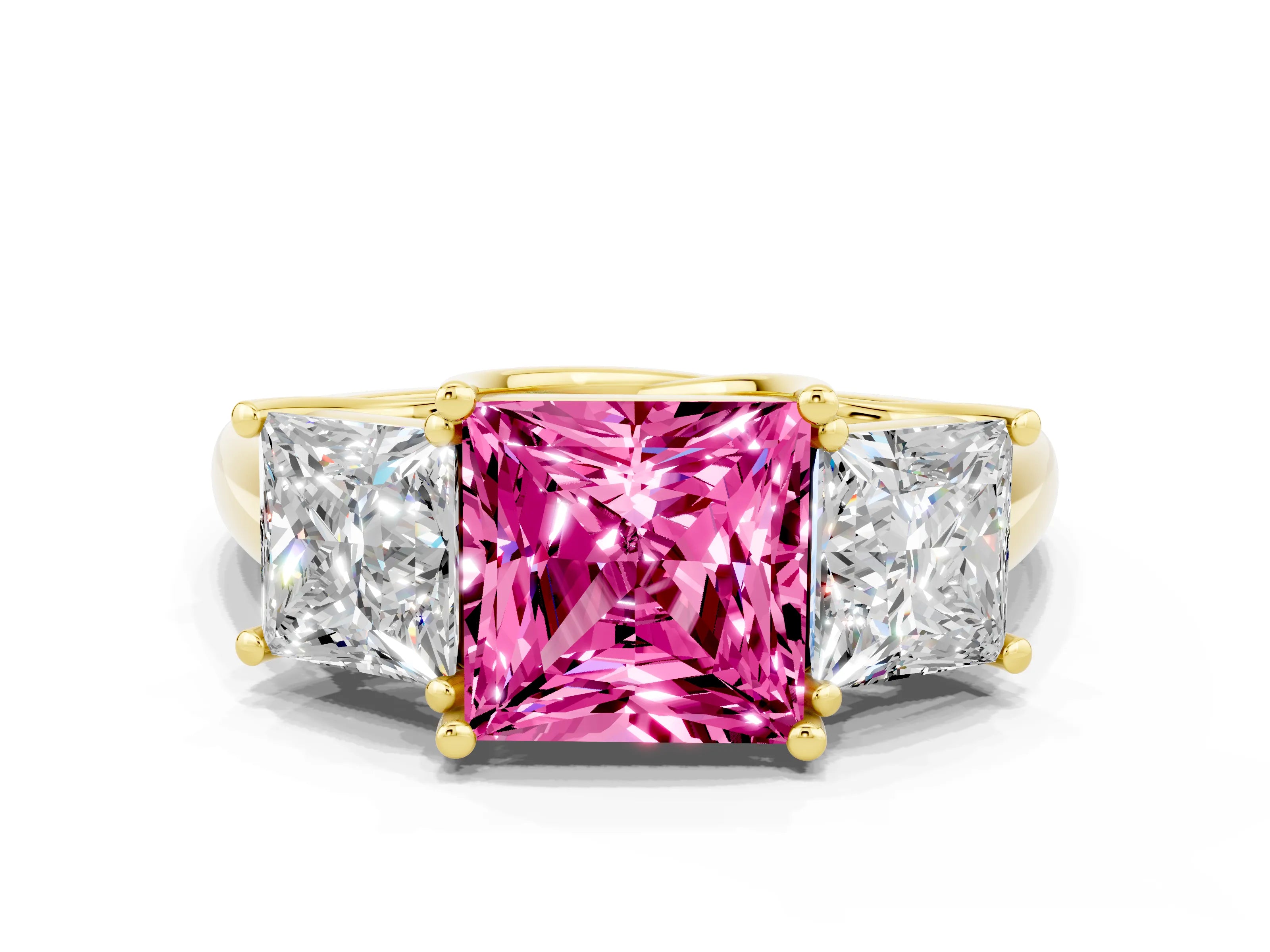 Yellow gold Three-Stone Princess Cut Pink Sapphire Engagement Ring with Prong Setting
