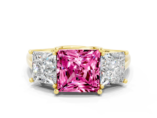 Yellow gold Three-Stone Princess Cut Pink Sapphire Engagement Ring with Prong Setting
