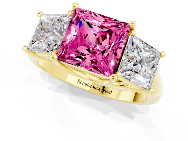 Yellow gold Three-Stone Princess Cut Pink Sapphire Engagement Ring with Prong Setting