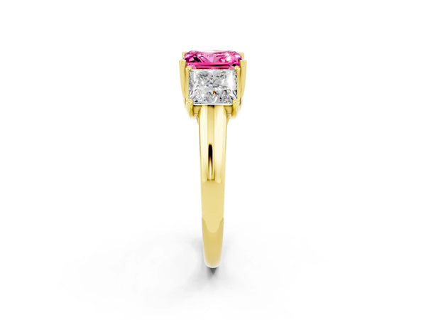 Yellow gold Three-Stone Princess Cut Pink Sapphire Engagement Ring with Prong Setting
