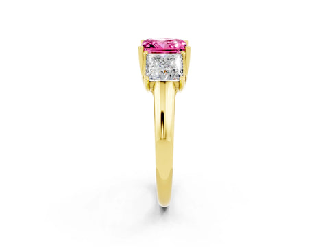 Yellow gold Three-Stone Princess Cut Pink Sapphire Engagement Ring with Prong Setting_2