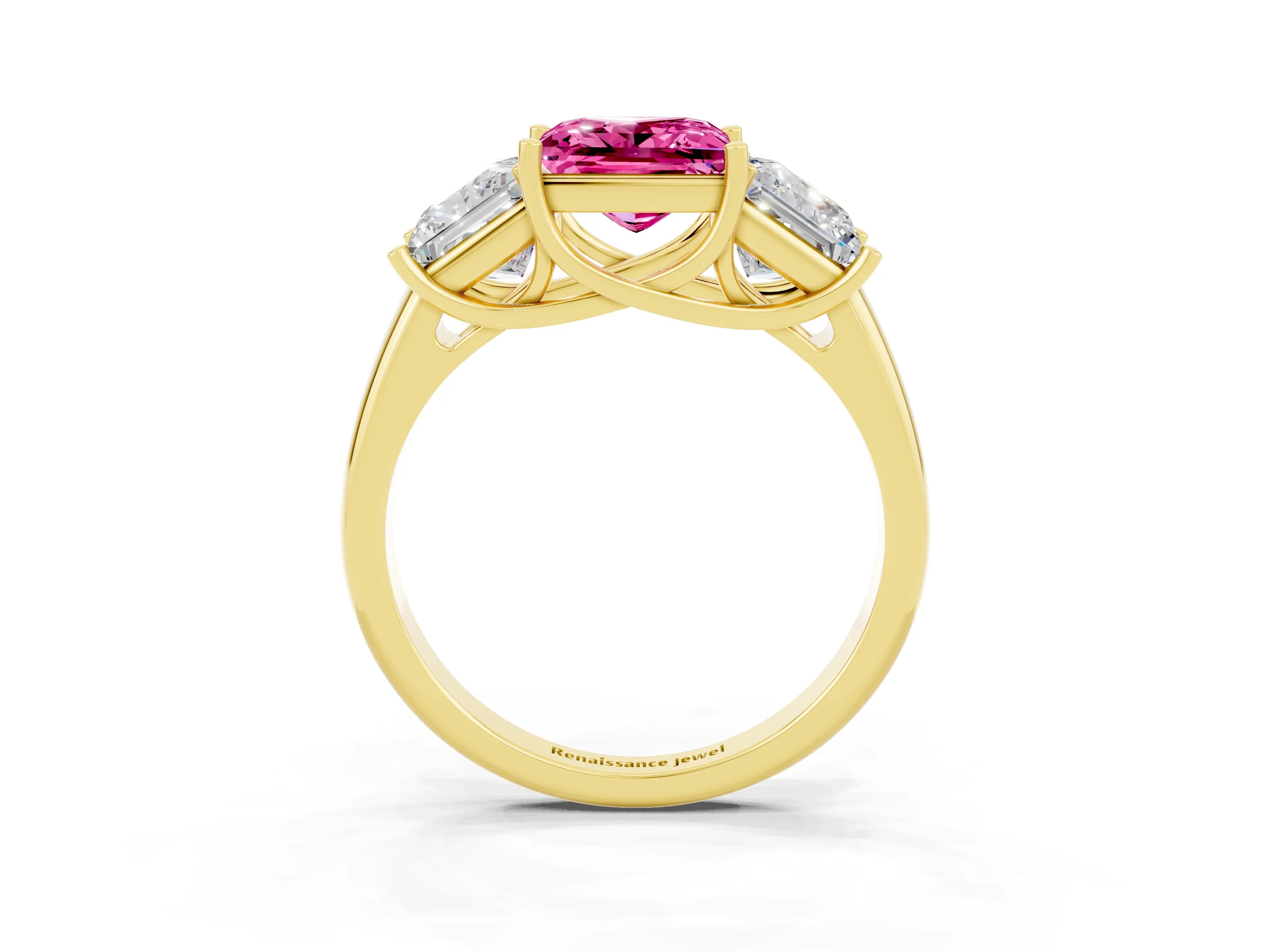 Yellow gold Three-Stone Princess Cut Pink Sapphire Engagement Ring with Prong Setting_3