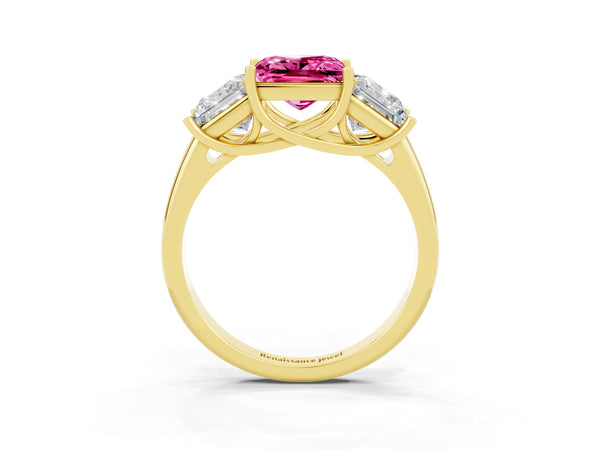 Yellow gold Three-Stone Princess Cut Pink Sapphire Engagement Ring with Prong Setting