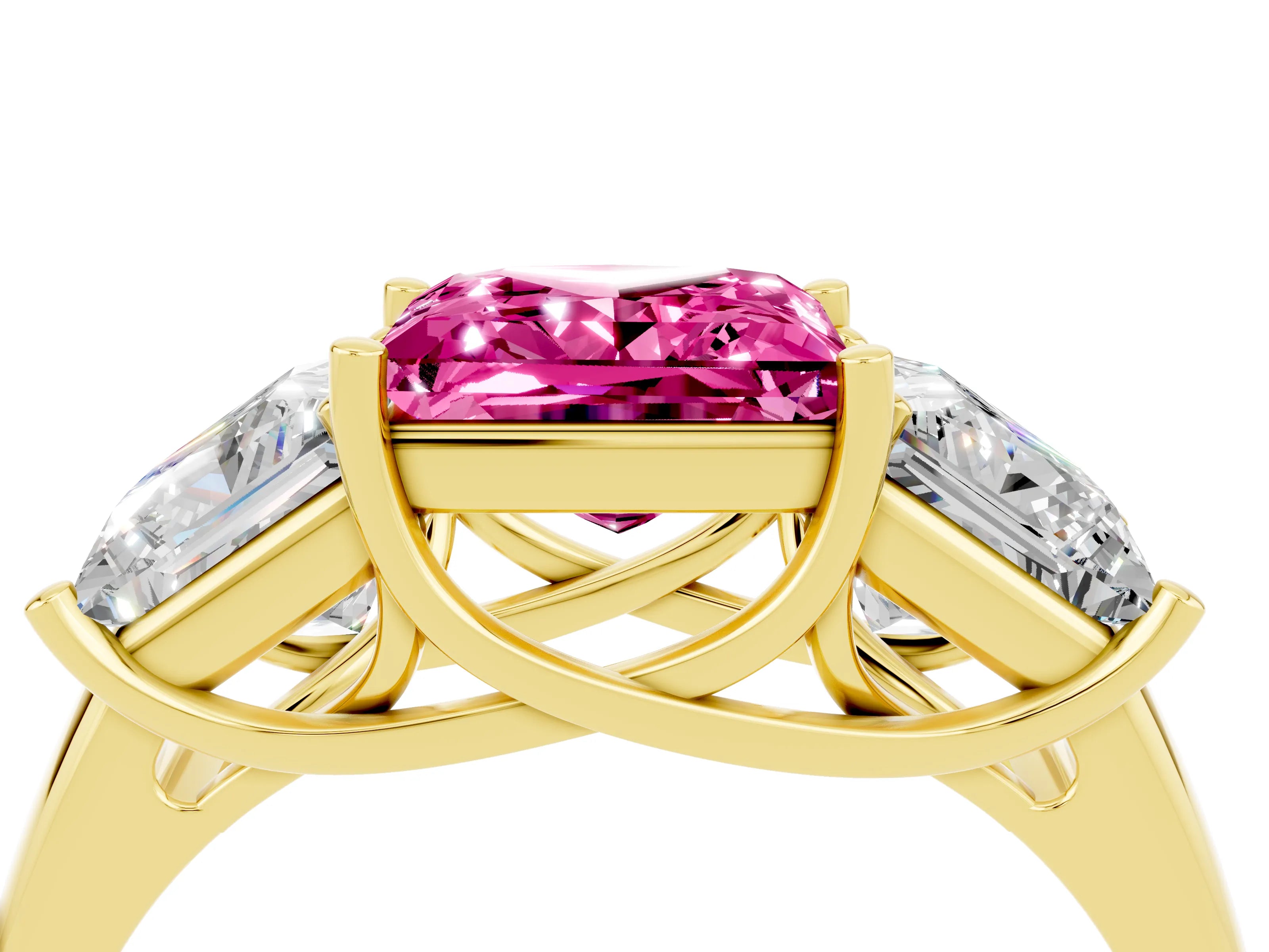 Yellow gold Three-Stone Princess Cut Pink Sapphire Engagement Ring with Prong Setting_4