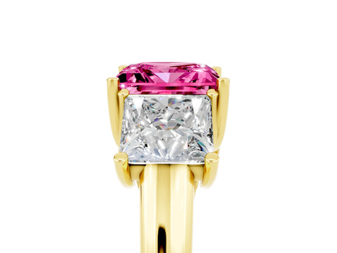 Yellow gold Three-Stone Princess Cut Pink Sapphire Engagement Ring with Prong Setting_5