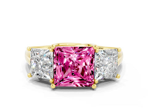 Yellow gold Three-Stone Princess Cut Pink Sapphire Engagement Ring with Prong Setting