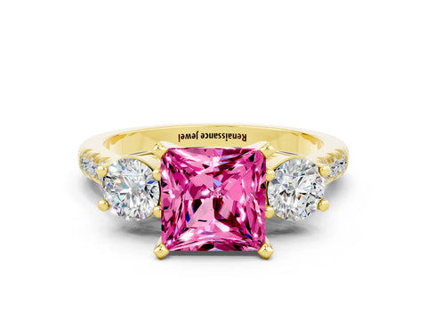 Yellow gold Three-Stone Princess Cut Pink Sapphire Pavé Band with Four-Prong Setting_24