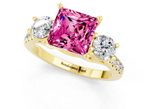Yellow gold Three-Stone Princess Cut Pink Sapphire Pavé Band with Four-Prong Setting_25