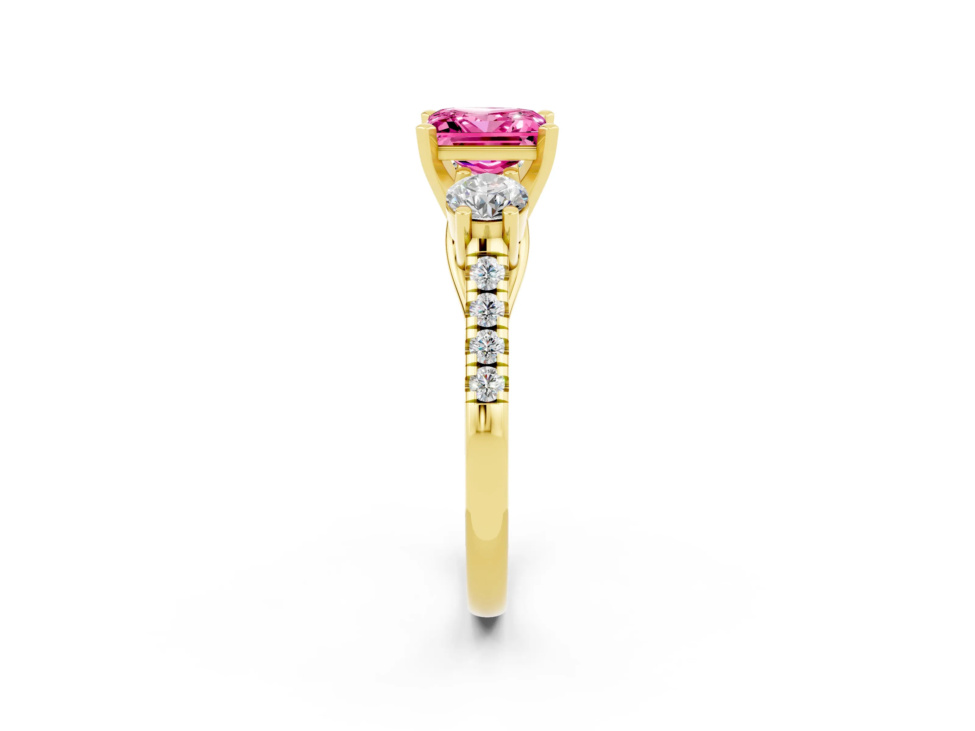 Yellow gold Three-Stone Princess Cut Pink Sapphire Pavé Band with Four-Prong Setting_26