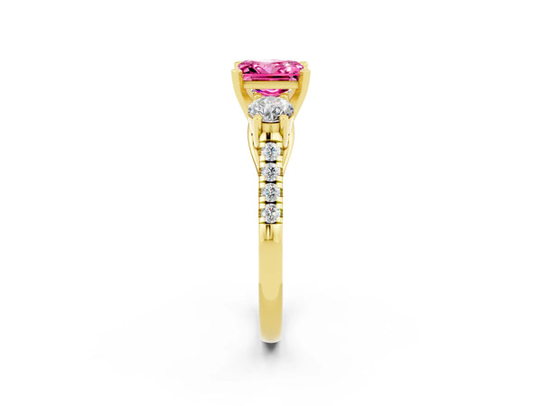 Yellow gold Three-Stone Princess Cut Pink Sapphire Pavé Band with Four-Prong Setting