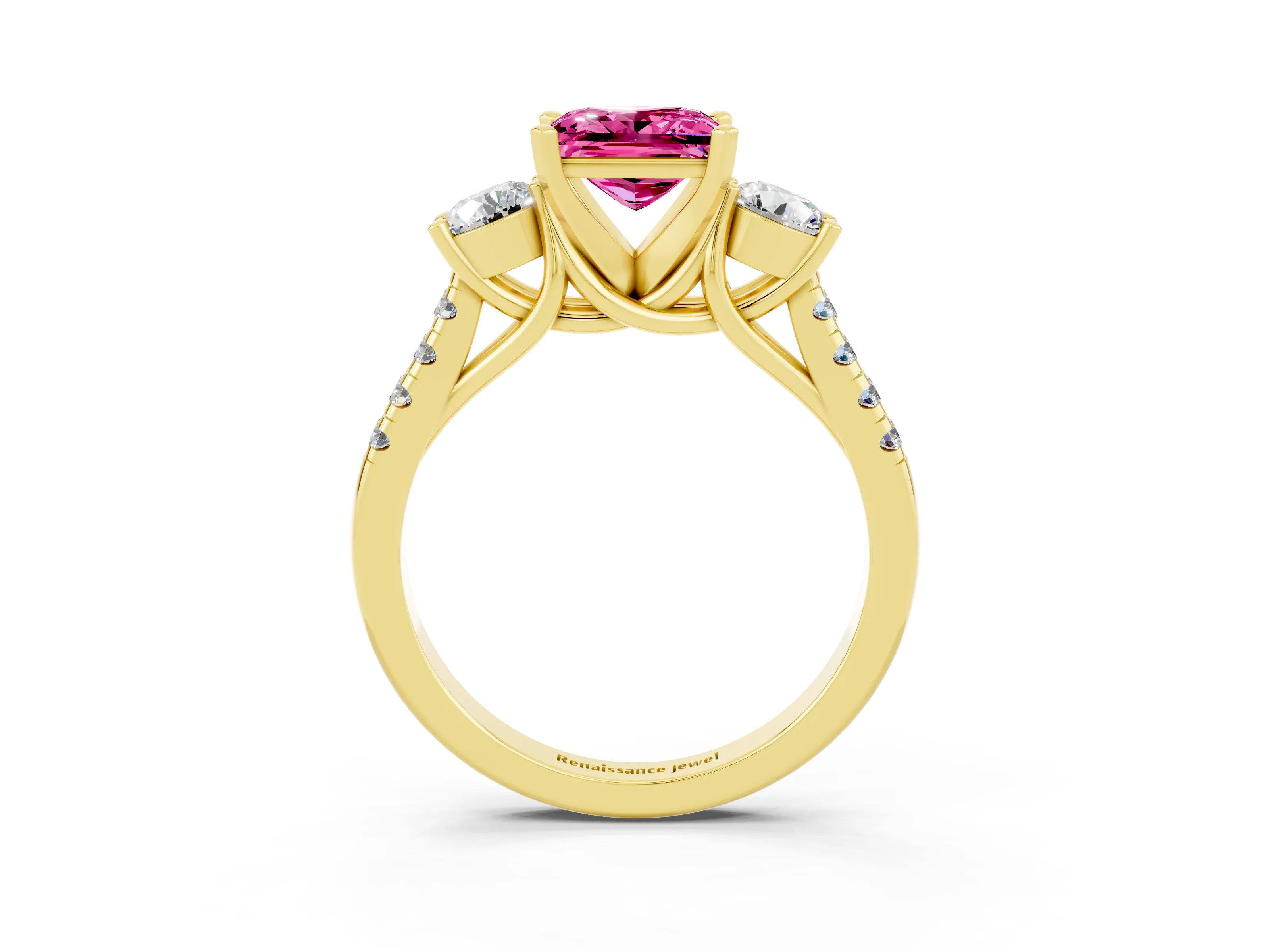 Yellow gold Three-Stone Princess Cut Pink Sapphire Pavé Band with Four-Prong Setting_27