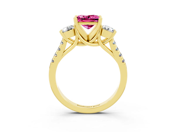 Yellow gold Three-Stone Princess Cut Pink Sapphire Pavé Band with Four-Prong Setting