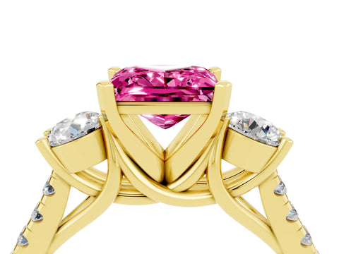 Yellow gold Three-Stone Princess Cut Pink Sapphire Pavé Band with Four-Prong Setting_28
