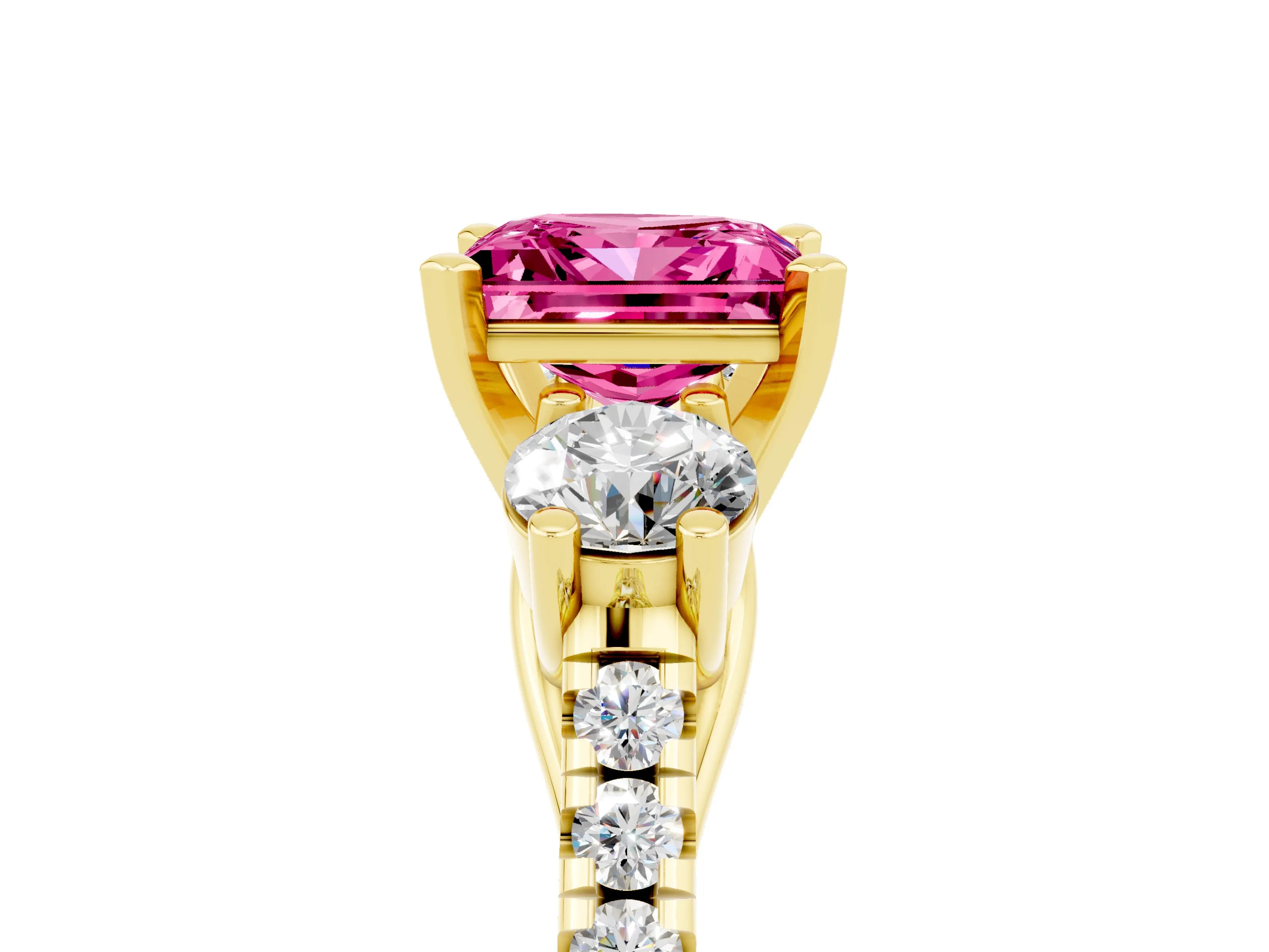 Yellow gold Three-Stone Princess Cut Pink Sapphire Pavé Band with Four-Prong Setting_29