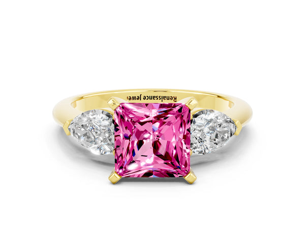 Yellow gold Three-Stone Princess Cut Pink Sapphire Ring with Pear Side Stones and Four-Prong Setting