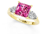 Yellow gold Three-Stone Princess Cut Pink Sapphire Ring with Pear Side Stones and Four-Prong Setting_25