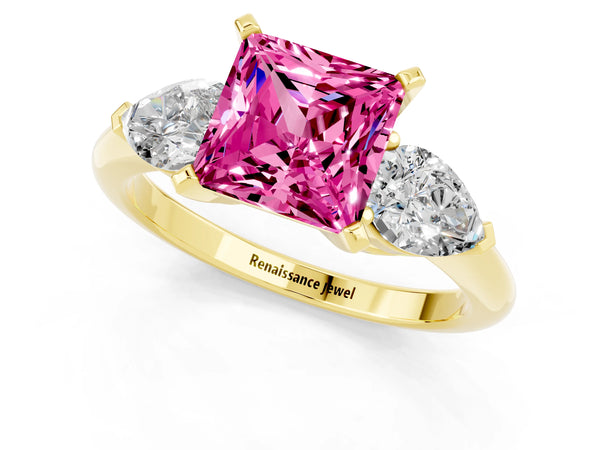 Yellow gold Three-Stone Princess Cut Pink Sapphire Ring with Pear Side Stones and Four-Prong Setting