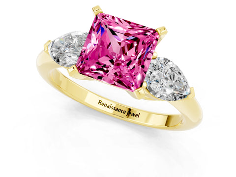 Yellow gold Three-Stone Princess Cut Pink Sapphire Ring with Pear Side Stones and Four-Prong Setting_25